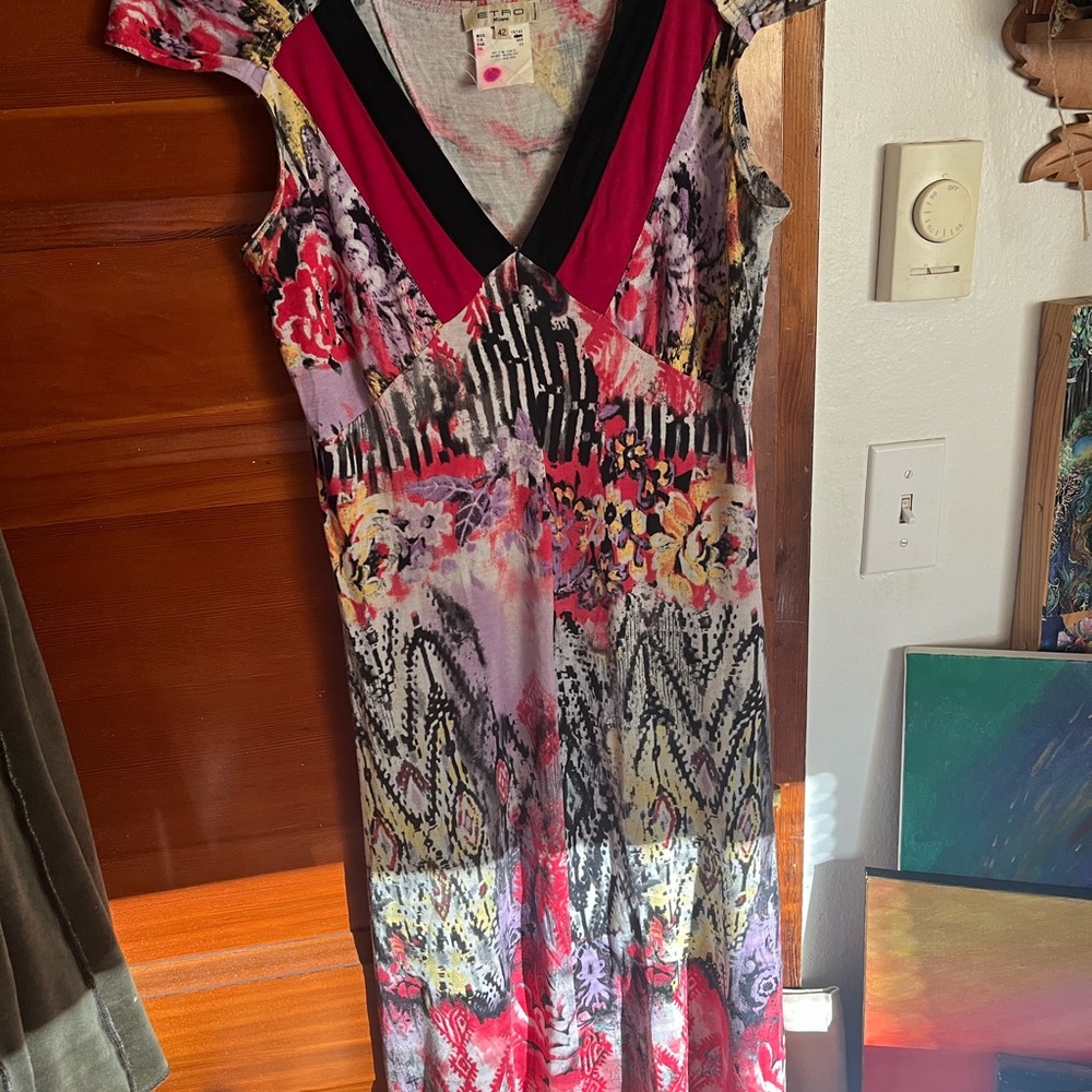 Vintage Etro spring summer dress, sz 42,purple,pink, salmon, yellow, black, grey